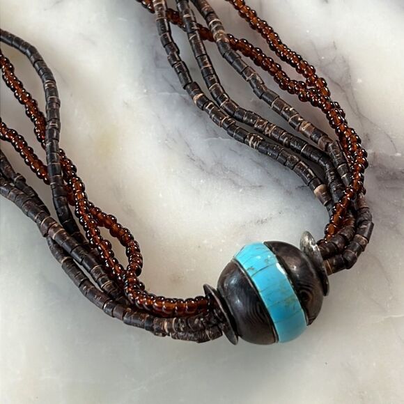Multi strand, brown wooden and beaded necklace with turquoise - Picture 2 of 11